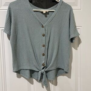 Green Short Sleeve Button Down Tie V-Neck Top